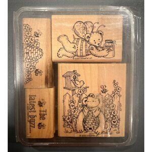 Stampin’ Up! Honey Honey Bear Wooden Block Stamps Retired‎ 4 Total With Case